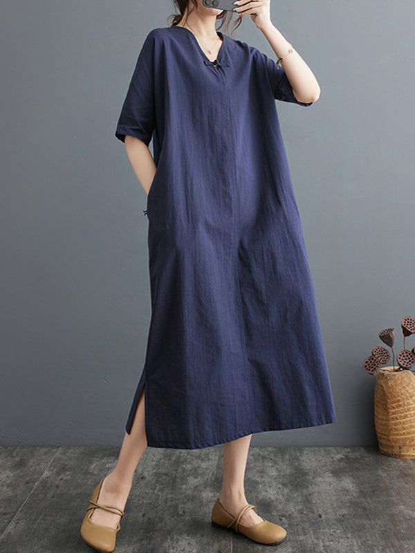 Chinese Frog Buttons Pockets Solid Color Split-Side A-Line Loose V-Neck Midi Dresses