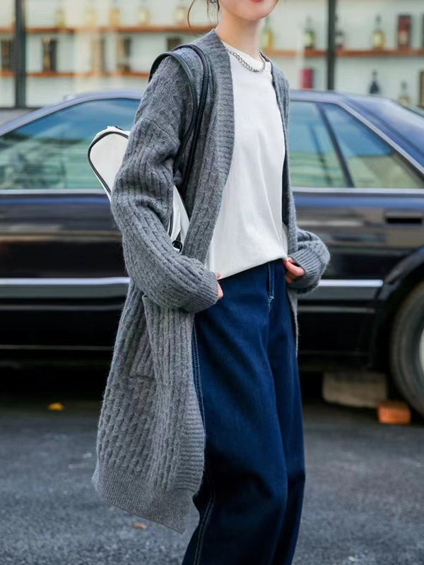 Pockets Solid Color Long Sleeves Loose Collarless Cardigan Tops