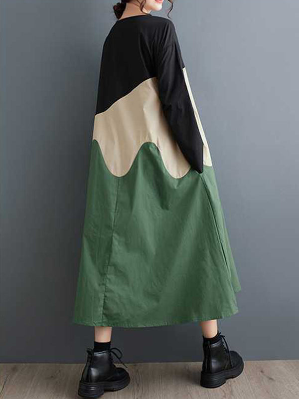 Contrast Color A-Line Long Sleeves Round-Neck Midi Dresses