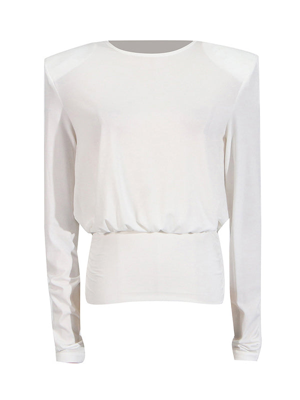 Backless Shoulder Pad Solid Color Long Sleeves Round-Neck Blouses&Shirts Tops