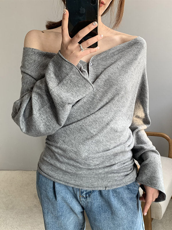 Buttoned Solid Color Long Sleeves Loose V-Neck Cardigan Tops