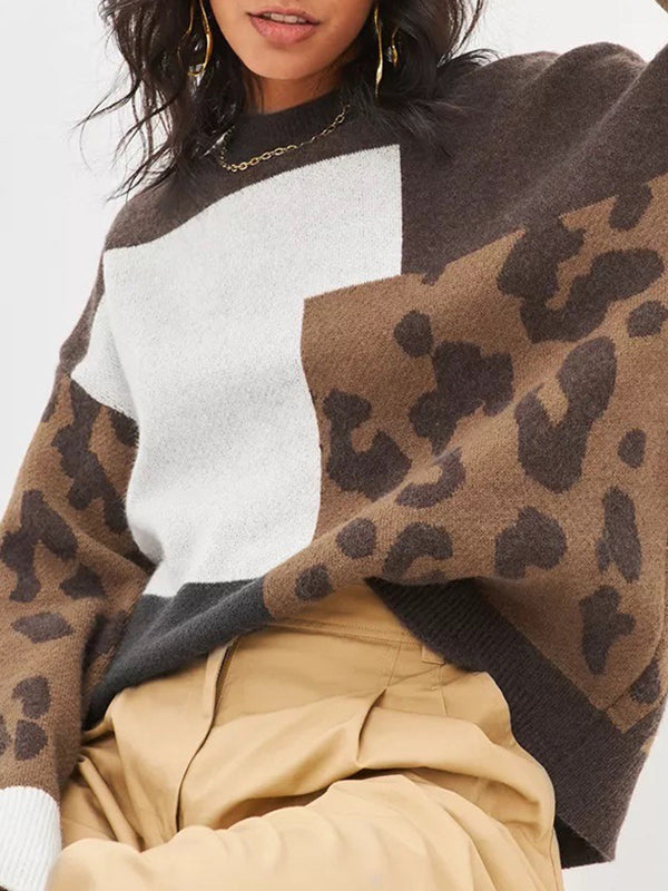 Contrast Color Leopard Split-Joint Long Sleeves Loose Round-Neck Sweater Tops Pullovers