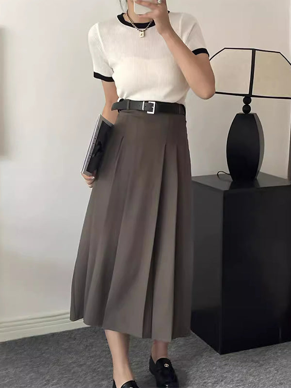 Pleated Solid Color Split-Joint A-Line High Waisted Skirts