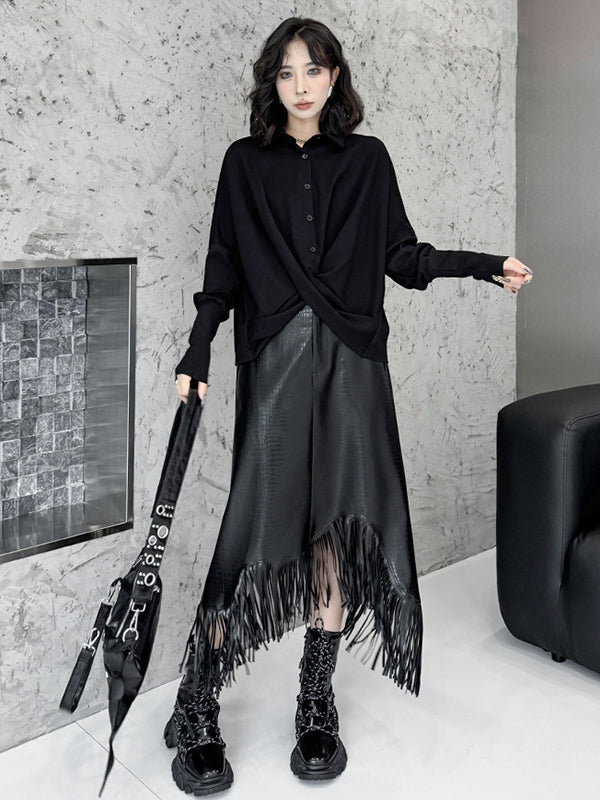 Buttoned Solid Color Twist Hipster Irregularity Lapel Collar Blouses&Shirts Tops