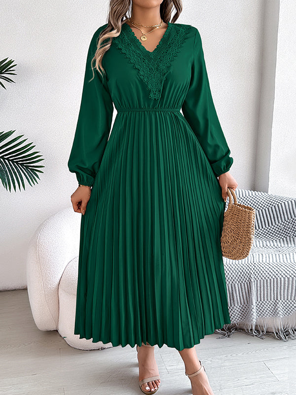 Pleated Solid Color Elasticated Waist High Waisted V-neck Midi Dresses