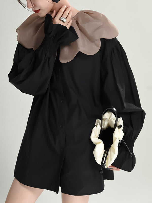 Contrast Color Elasticity Pleated Split-Joint Long Sleeves Loose Peter Pan Collar Blouses