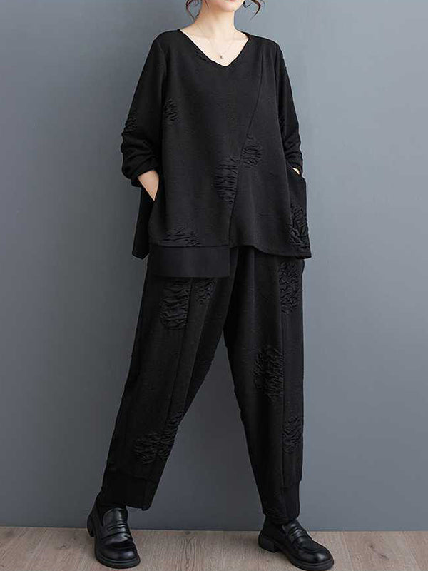 Split-Joint V-Neck Long Sleeves Asymmetric Solid Color T-Shirts Top + Harem Pants Elasticity Pants Bottom Two Pieces Set