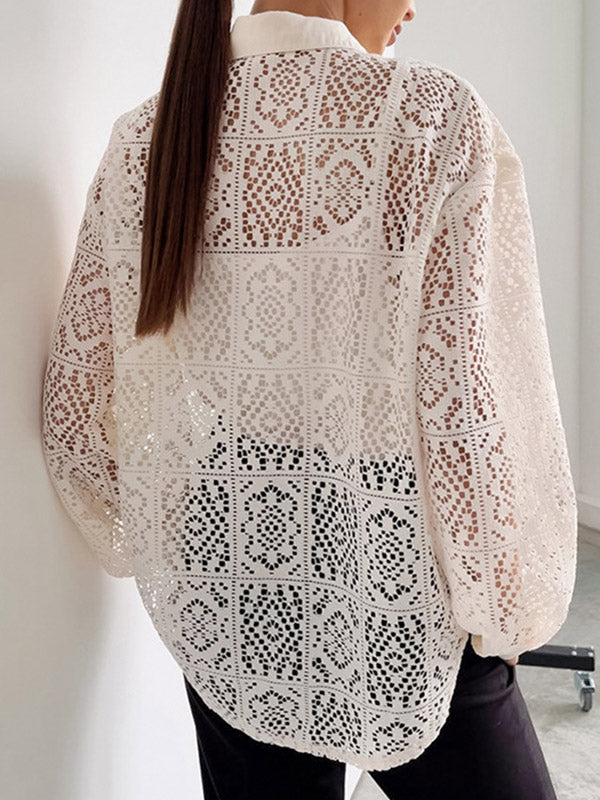 Buttoned Hollow See-Through Solid Color Sun Protection Long Sleeves Loose Lapel Collar Blouses&Shirts Tops