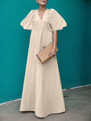Pleated Solid Color Split-Joint A-line Long Sleeves V-neck Maxi Dresses