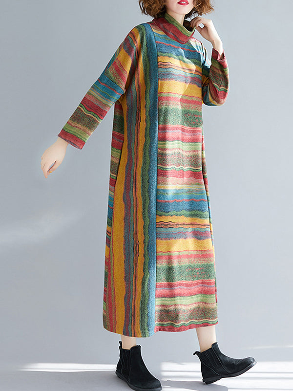 Asymmetric Striped A-Line Long Sleeves High Neck Midi Dresses