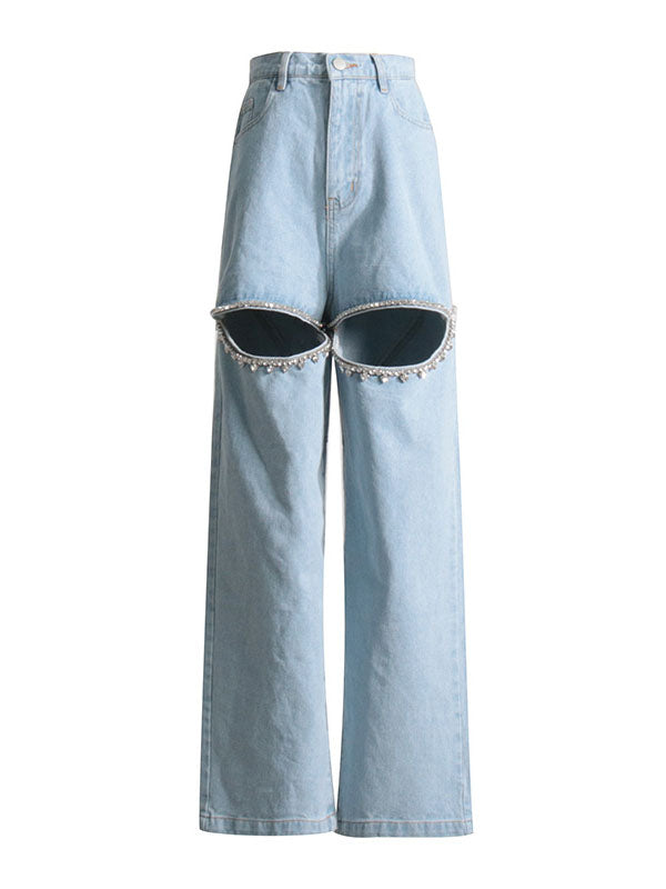 Hollow Rhine Stones High Waisted Loose Jean Pants Bottoms