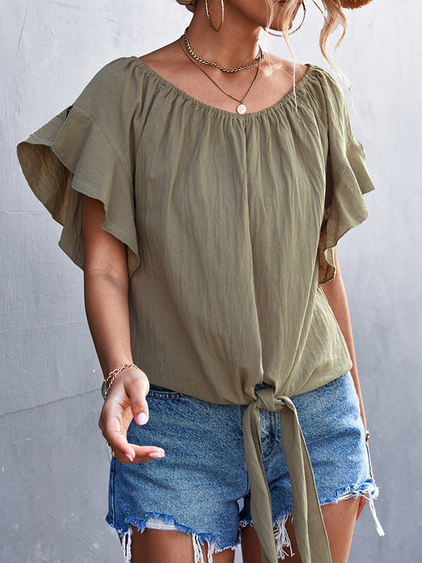 Elasticity Falbala Pleated Solid Color Tied Loose Short Sleeves Round-Neck T-Shirts Tops