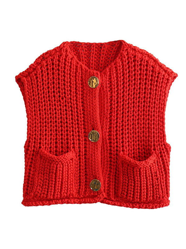 Buttoned Pockets Loose Sleeveless V-Neck Vest Outerwear