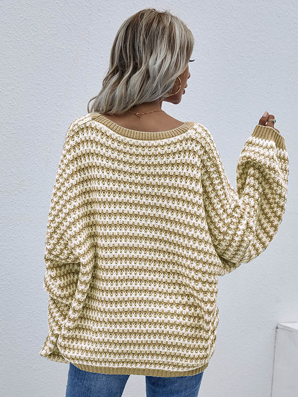 Original Loose Striped 8 Colors V-Neck Long Sleeves Sweater Top
