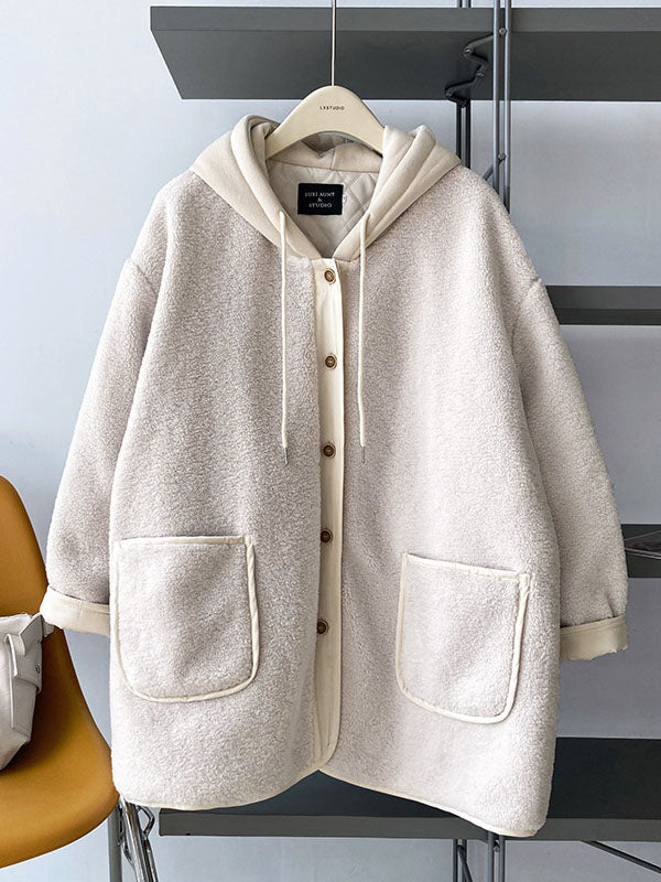 Original Creation Long Sleeves Loose Buttoned Keep Warm Hooded Coats Outerwear