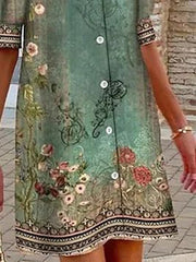 Buttoned Flower Print Half Sleeves Loose Lapel Shirt Dress Mini Dresses