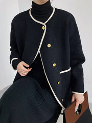 Asymmetric Buttoned Pockets Split-Joint Long Sleeves Loose Round-Neck Woolen Coat