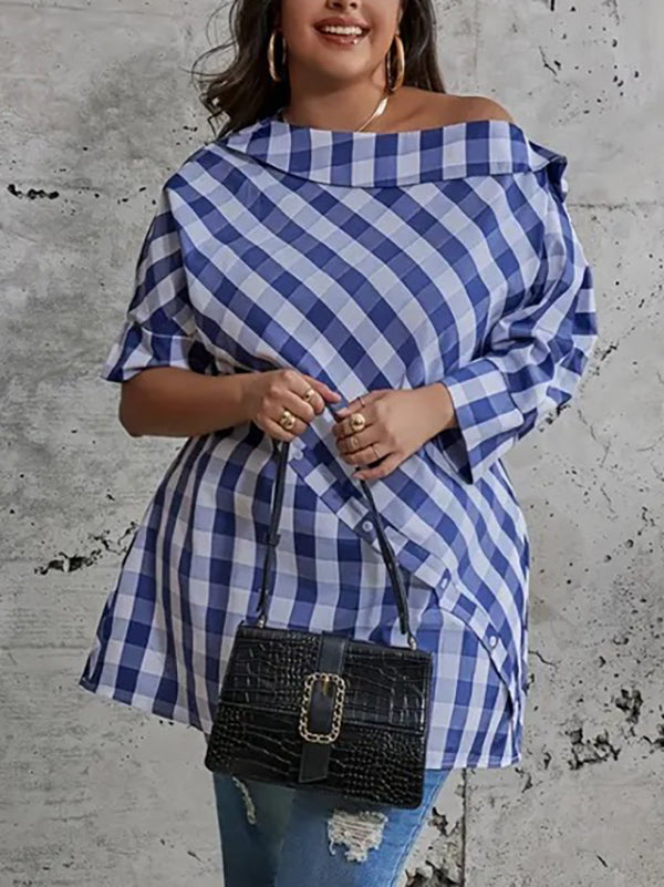 Asymmetric Buttoned Plaid Half Sleeves Loose One-Shoulder Blouses&Shirts Tops