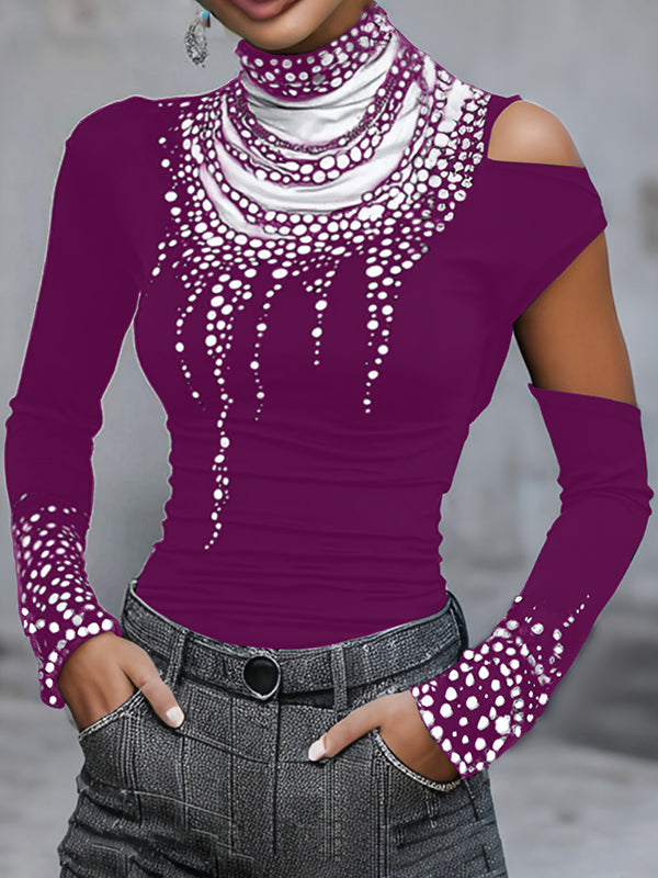 Hollow Printed Long Sleeves Skinny High Neck T-Shirts Tops