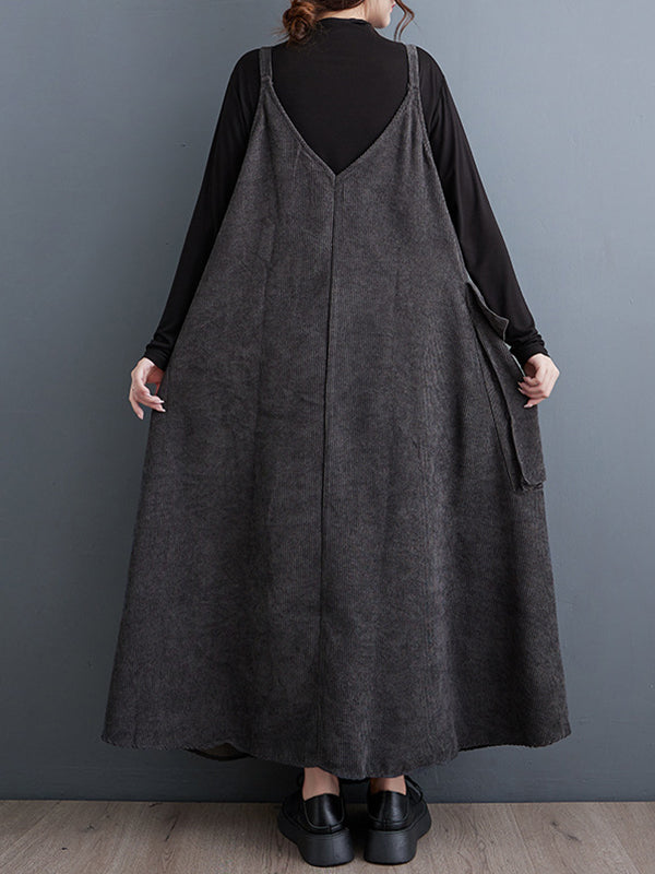 Adjustable Asymmetric Buttoned Pockets Solid Color A-line High-low Spaghetti-Neck Midi Dresses