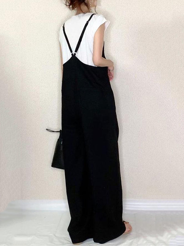 Solid Color Split-Joint Loose Sleeveless Spaghetti-Neck Overalls