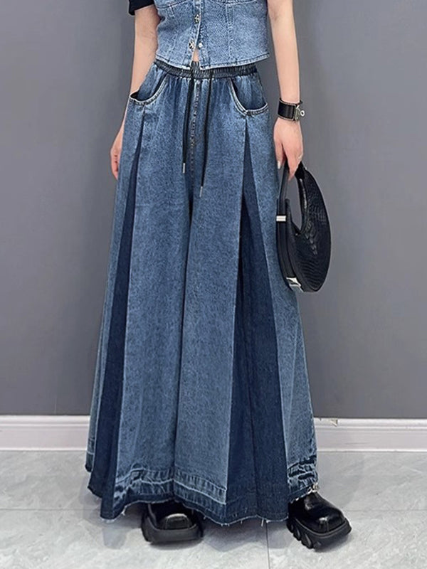 Contrast Color Drawstring Fringed Pockets Loose Wide Leg Jean Pants Bottoms
