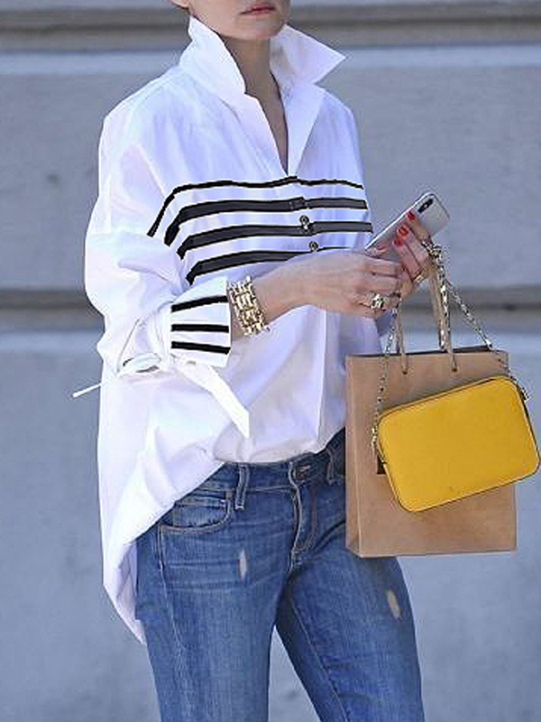 Buttoned Contrast Color Split-Joint Striped Flared Sleeves Long Sleeves Stand Collar Blouses&Shirts Tops