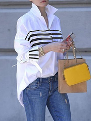 Buttoned Contrast Color Split-Joint Striped Flared Sleeves Long Sleeves Stand Collar Blouses&Shirts Tops