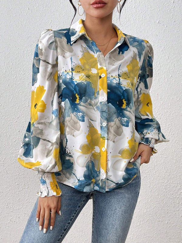 Buttoned Elasticity Flower Print Pleated Long Sleeves Loose Lapel Blouses&Shirts Tops
