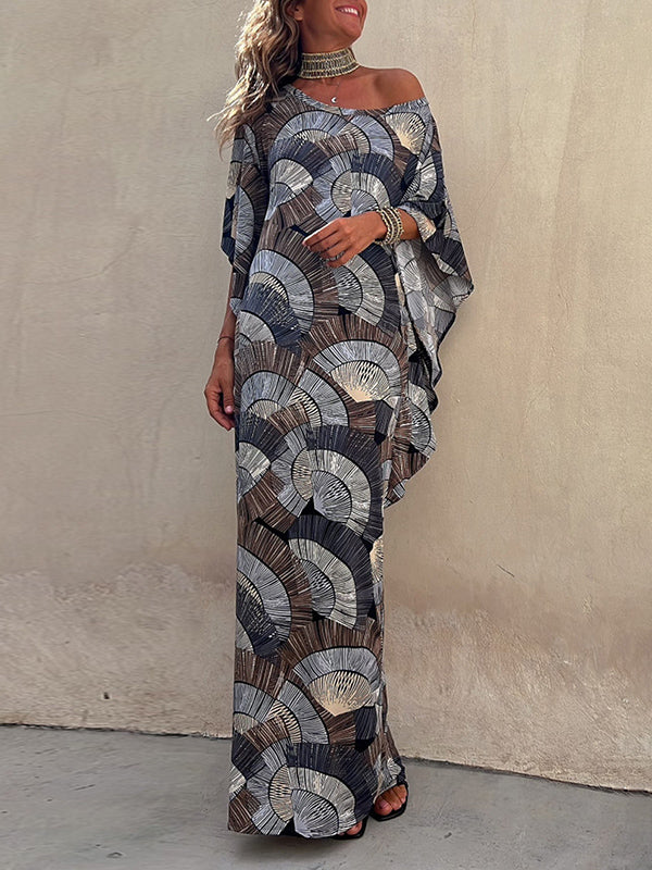 Contrast Color Pleated Printed Batwing Sleeves Maxi Dresses