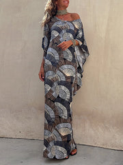 Contrast Color Pleated Printed Batwing Sleeves Maxi Dresses