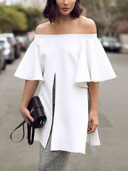 Elasticity Solid Color Split-front Split-side Flared Sleeves Half Sleeves Off-the-shoulder Blouses&shirts Tops