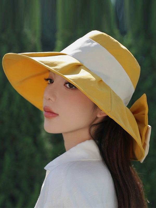 Bowknot Contrast Color Pleated Split-Joint Sun Hat Fisherman Hat