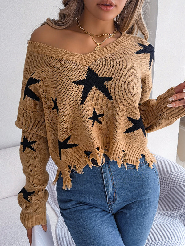 Contrast Color Fringed Split-Joint Long Sleeves Loose V-Neck Sweater Tops