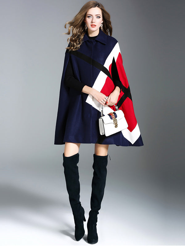 Original Loose Batwing Sleeves Contrast Color Striped Lapel Collar Cape Coats