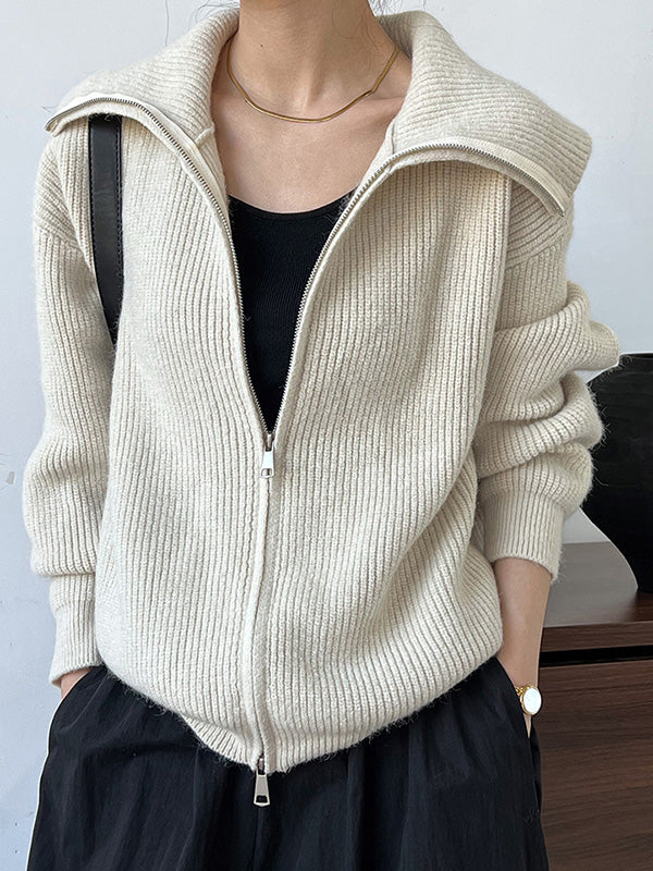 Solid Color Zipper Long Sleeves Loose Lapel Cardigan Tops