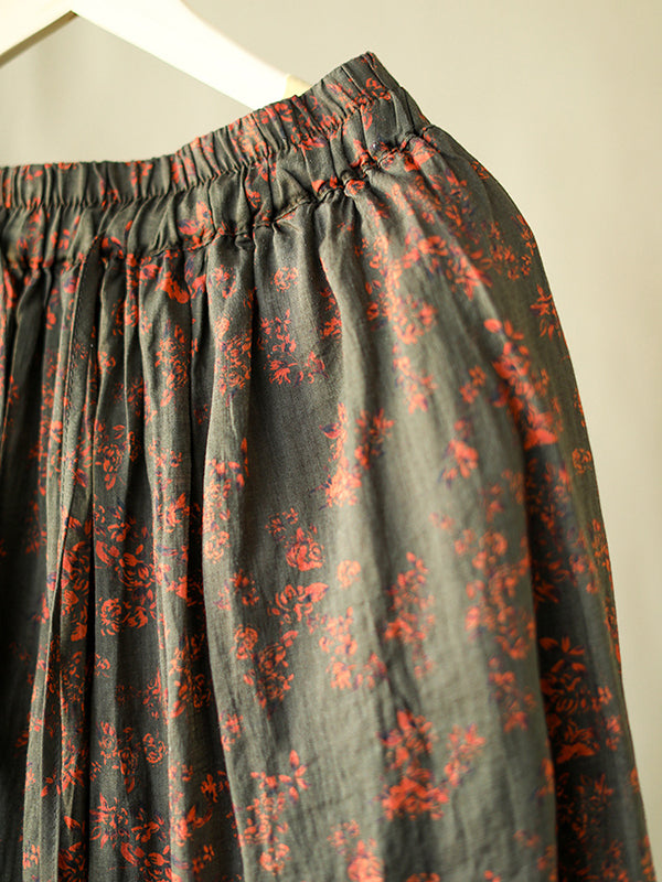 Drawstring Elasticity Floral Printed Loose Skirts