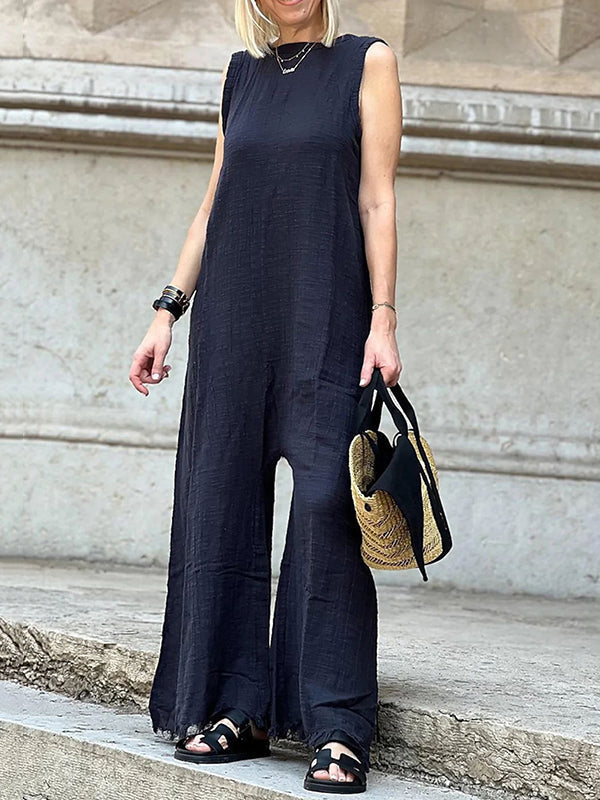 Solid Color Loose Sleeveless Round-Neck Jumpsuits