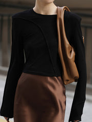 Shoulder Pad Solid Color Long Sleeves Skinny Round-Neck T-Shirts Tops