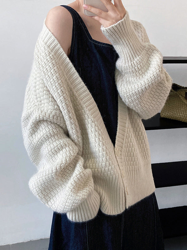 Trendy Loose Solid Color V-Neck Cardigan Tops