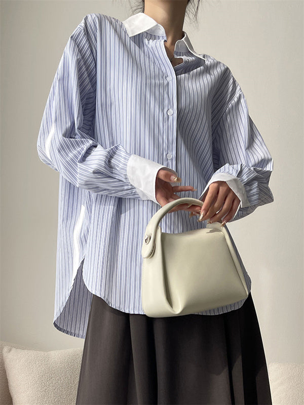 Pleated Split-Joint Striped Irregular Clipping Lapel Blouses