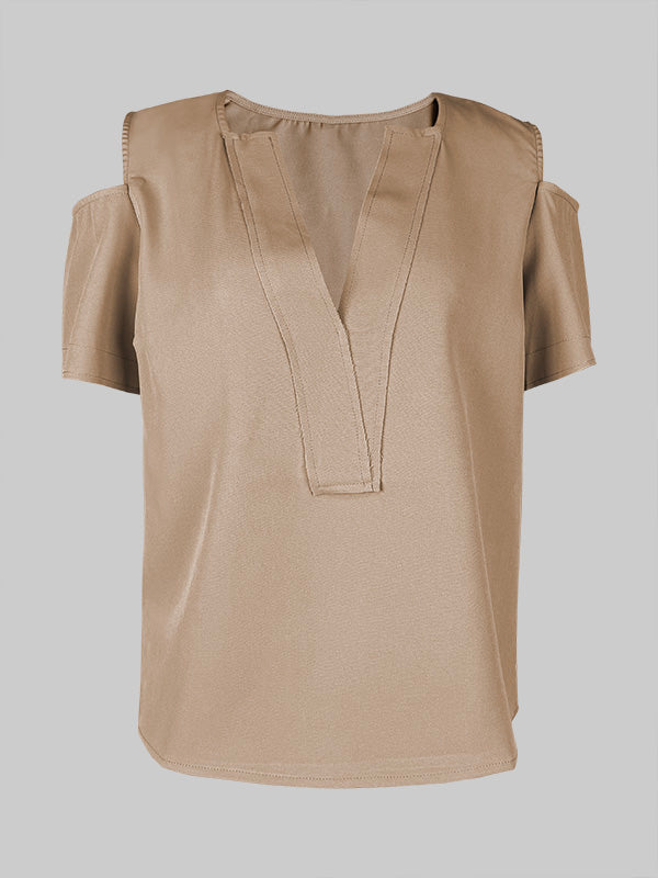 Solid Color Split-Joint Loose Short Sleeves Cold shoulder Blouses&shirts Tops