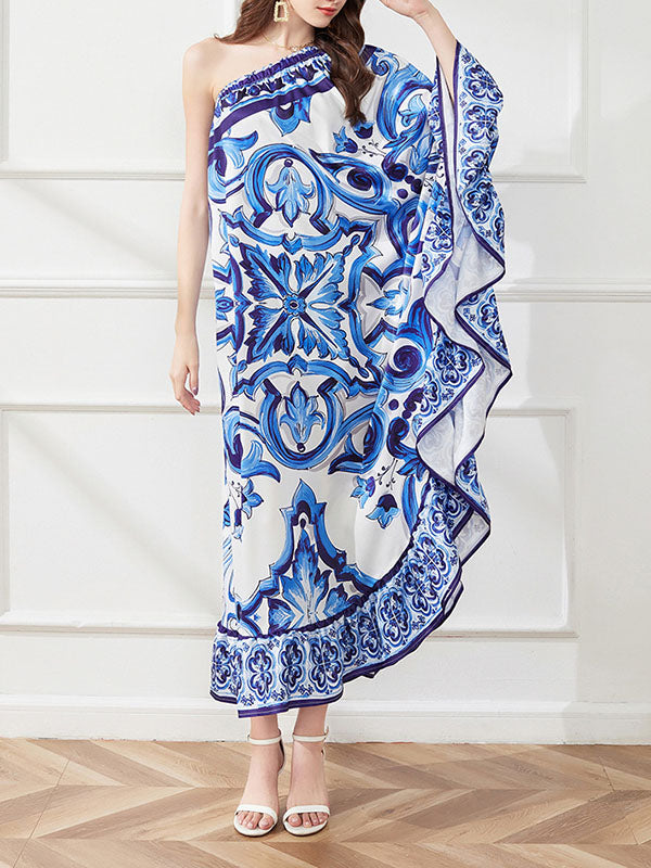 Asymmetric Falbala Floral Printed Batwing Sleeves Loose One-shoulder Midi Dresses