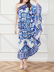 Asymmetric Falbala Floral Printed Batwing Sleeves Loose One-shoulder Midi Dresses