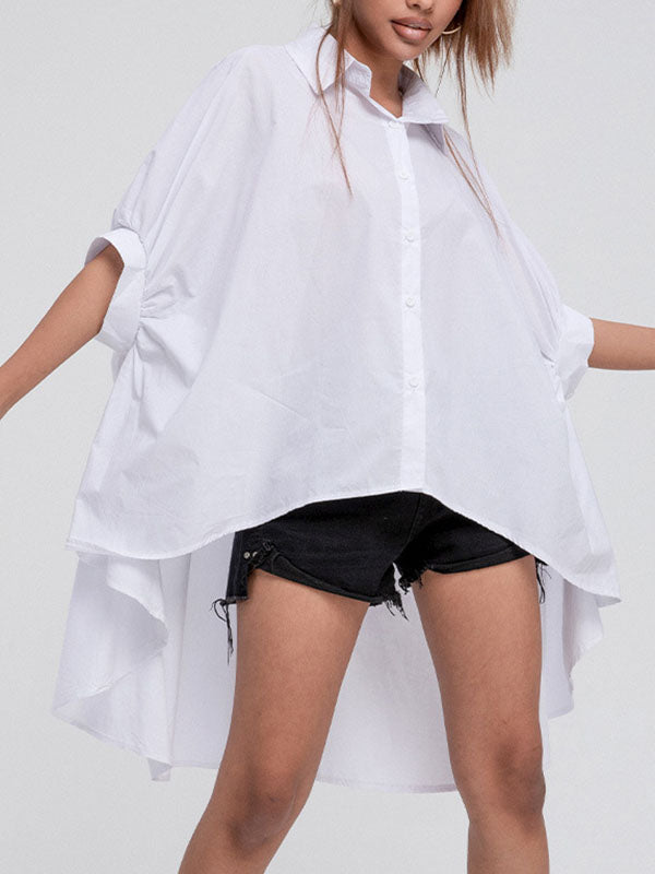 Solid Color Batwing Sleeves High-Low Lapel Blouses&Shirts Tops