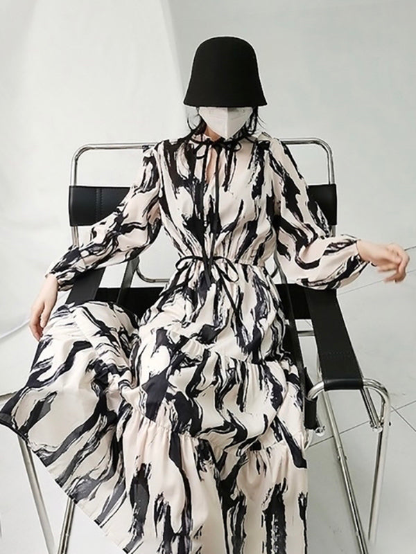 Elasticity Hollow Printed Split-Joint Tied Long Sleeves Loose Mock Neck Midi Dresses