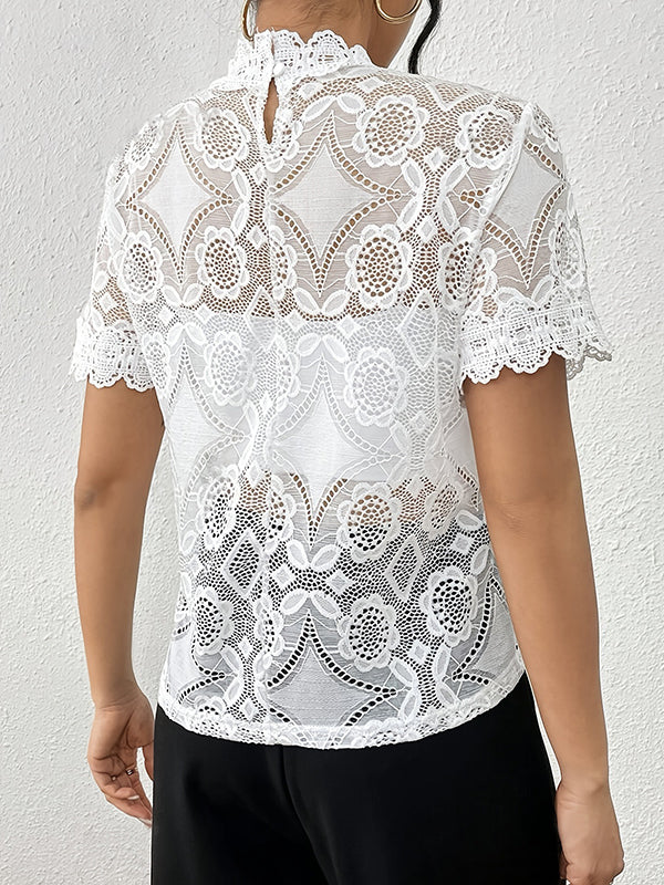 Hollow See-Through Solid Color Split-Joint Loose Short Sleeves Mock Neck T-Shirts Tops