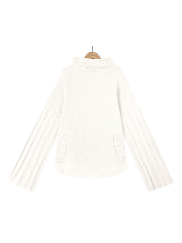 Loose Long Sleeves Solid Color High-Neck With Pockets Sweater Tops