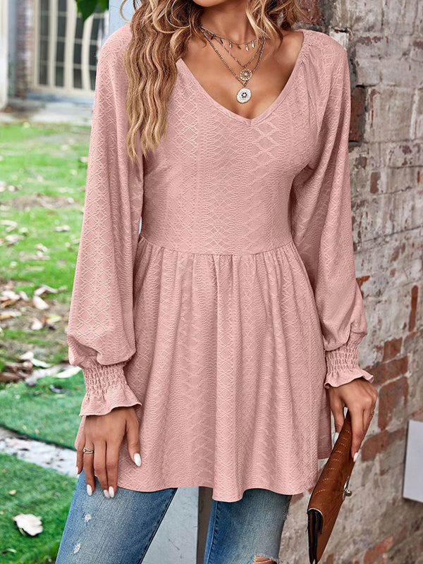 Elasticity Jacquard Pleated Solid Color Long Sleeves V-Neck T-Shirts Tops