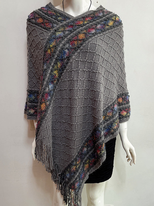 Asymmetric Tasseled Loose V-Neck Shawl&Cloak Cape